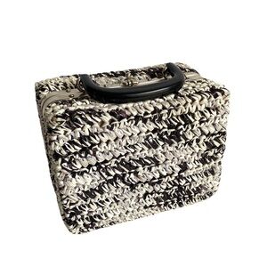 Vintage 50s Box Bag Woven Raffia Straw Purse‎ Gray Black Cottagecore Lunchbox